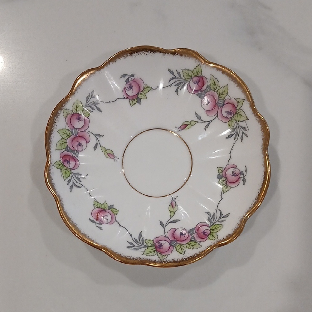 Vintage Floral Rose Pattern Saucer with Gold Trim